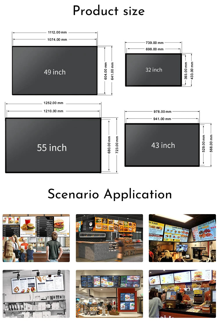 49 55 Inch Fast Food Store Advertising Devise Hanging Lcd Display Wall Mounted Digital Menu Board for Restaurant Shopping Mall