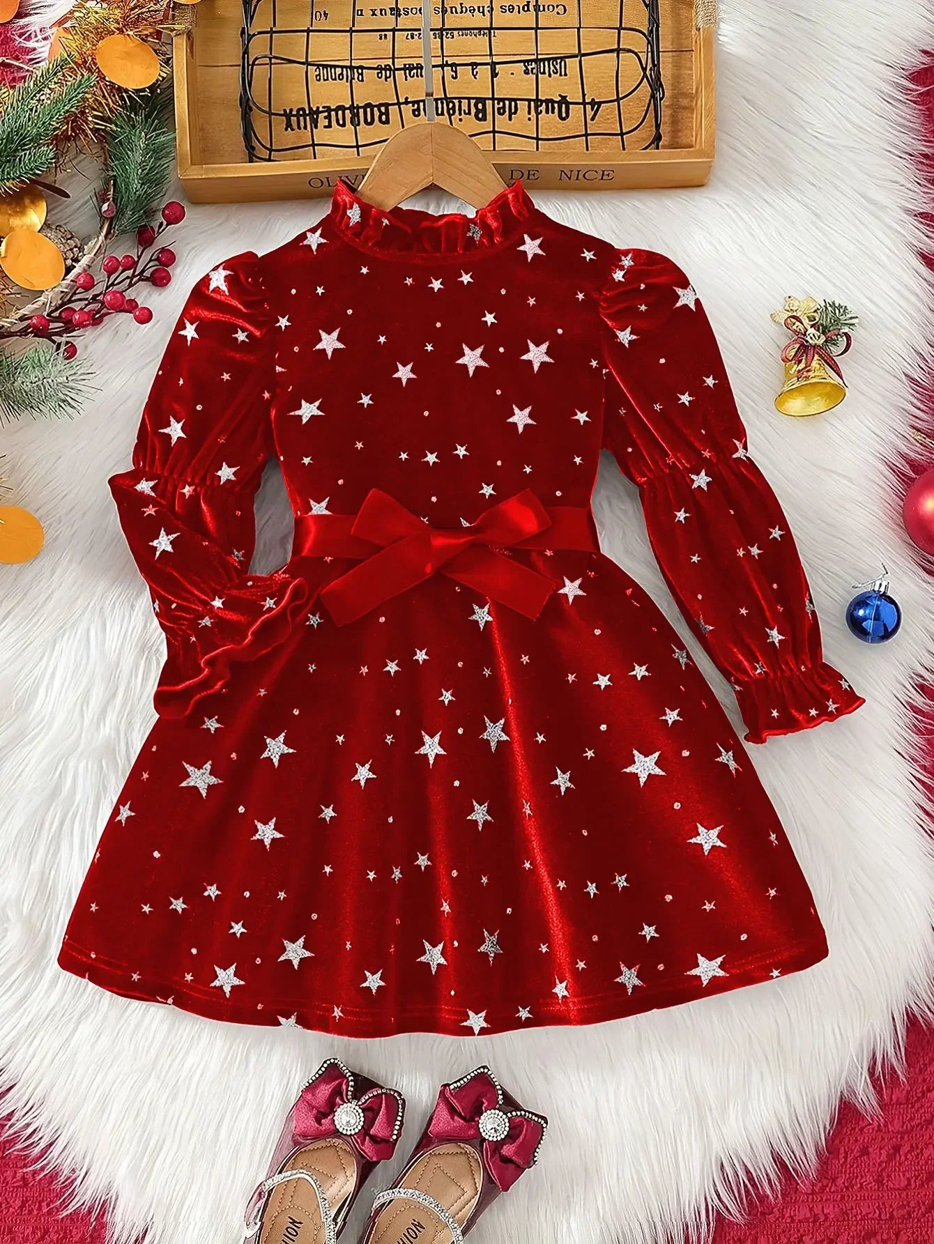 2025 New Year Dress for Girls Winter 3-6Y Kids Star Print Bowknot Long Sleeve Evening Dress Christmas Festive Dress for Girls