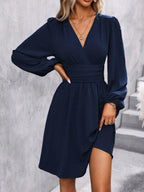 Dresses 2025 Woman Clothing V Neck Lantern Sleeve Wrap Mini Dress Ruched Waist Flowy Hem Elegant for Autumn and Party Styles ﻿