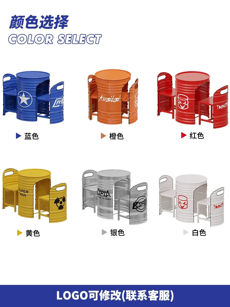 Industrial Style Coffee Shop Courtyard Leisure Area Outdoor Iron Oil Drum Tables and Chairs