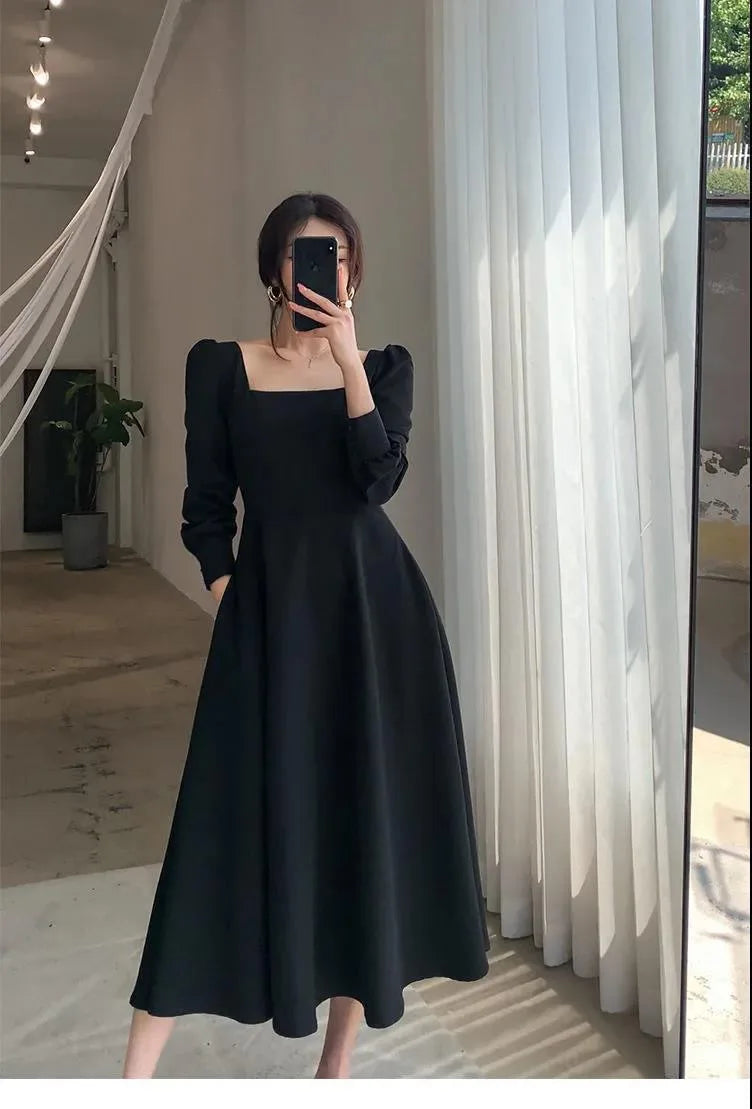 Black Dress Women's 2023 Autumn New Long-sleeved French Retro Hepburn Style Square Neck Dress