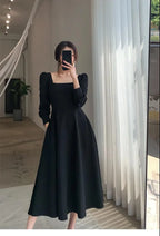 Black Dress Women's 2023 Autumn New Long-sleeved French Retro Hepburn Style Square Neck Dress