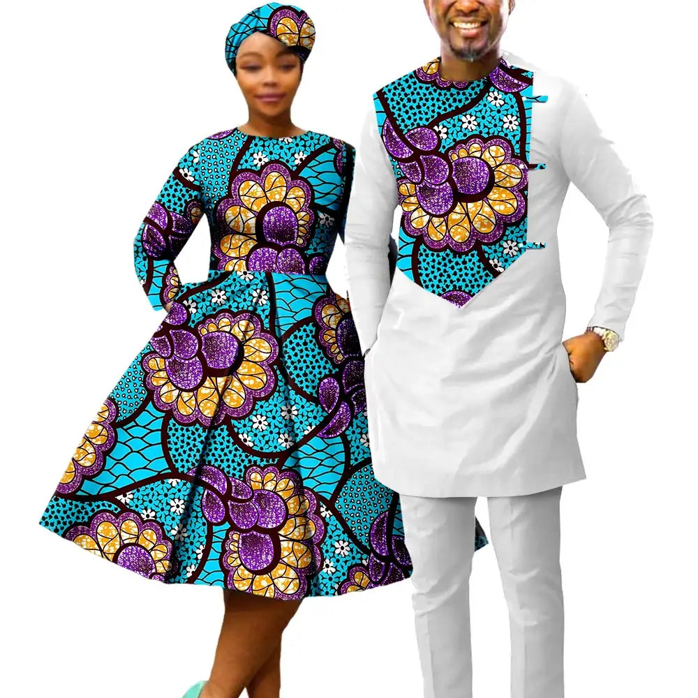 African Print Dresses for Women with Headwrap Matching Couple Outfits Men Patchwork Shirt and Pants Sets Africa Clothing Y22C075
