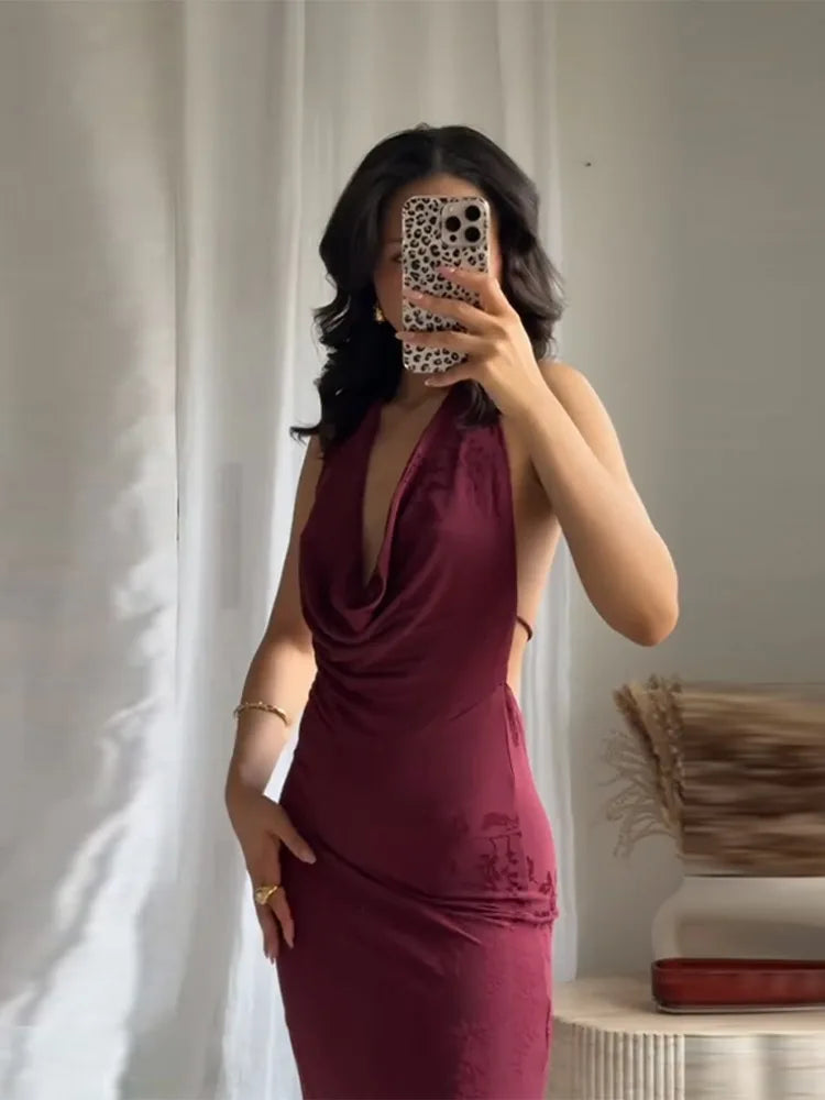 Elegant Party Dresses For Women 2025 Vintage Red Lace Up Sleeveless Deep V Neck Long Dress Female Hip Package Lady Vestidos New