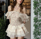 2025 Women's Dress - Sweet Style Sexy V-Neck A-Line Skirt with Waistline and Flowery Cake - Pure Erotic Girl's Dress