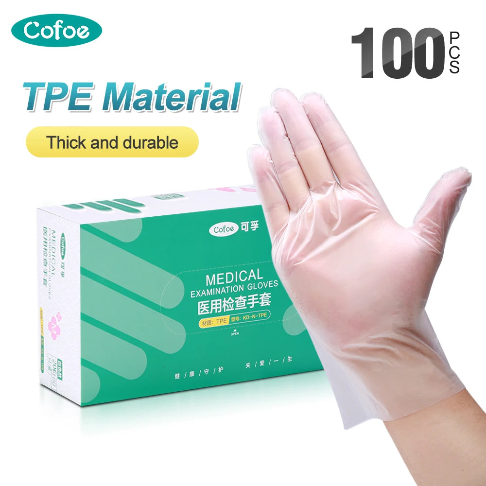 Cofoe 100Pcs Medical Grade Gloves TPE Disposable Gloves Transparent Non-Slip Acid Work Safety Food Grade Household