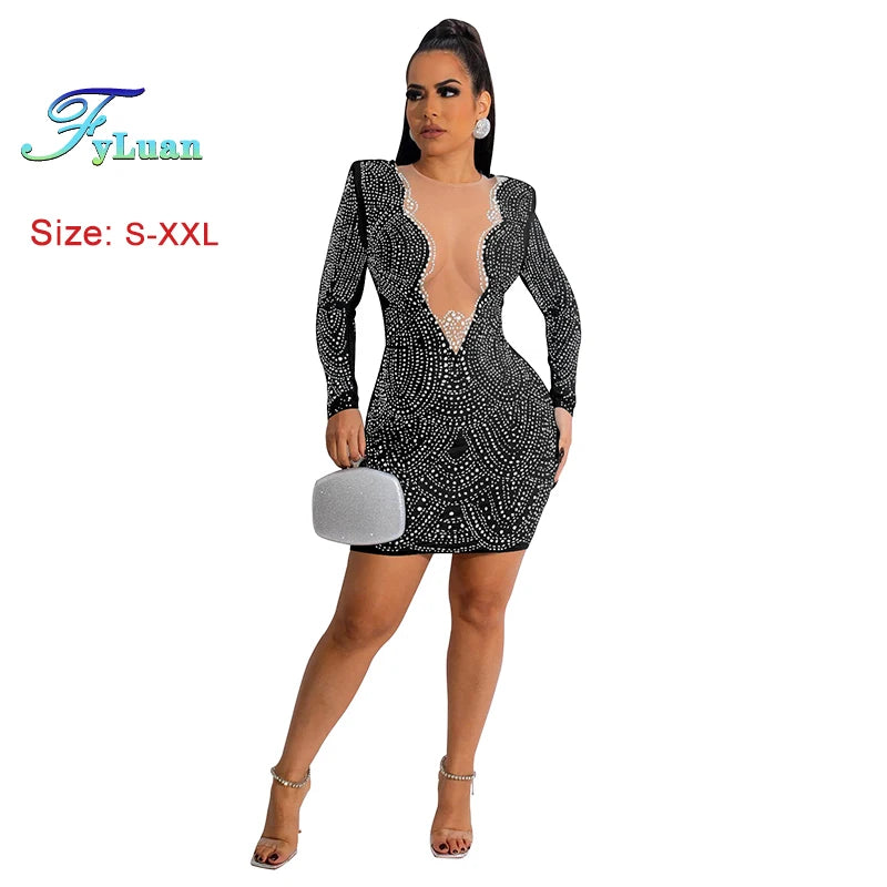 2025 Luxury Smart Evening Dress Women Deep V Neck Long Sleeve Tight Fitting Short Skirt Set With Diamonds Street Banquet Outfits