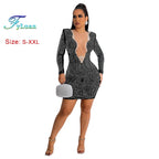 2025 Luxury Smart Evening Dress Women Deep V Neck Long Sleeve Tight Fitting Short Skirt Set With Diamonds Street Banquet Outfits