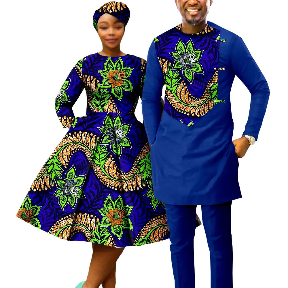 African Print Dresses for Women with Headwrap Matching Couple Outfits Men Patchwork Shirt and Pants Sets Africa Clothing Y22C075