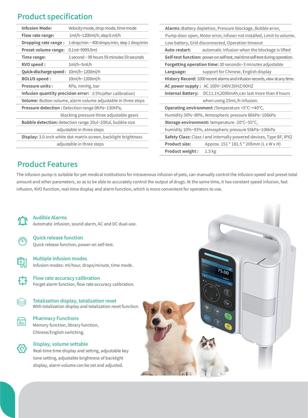 Medical Infusion Pump for Human Animal Hospital with Automatic Audible Alarm And Bubble Pressure Monitoring Upgrade