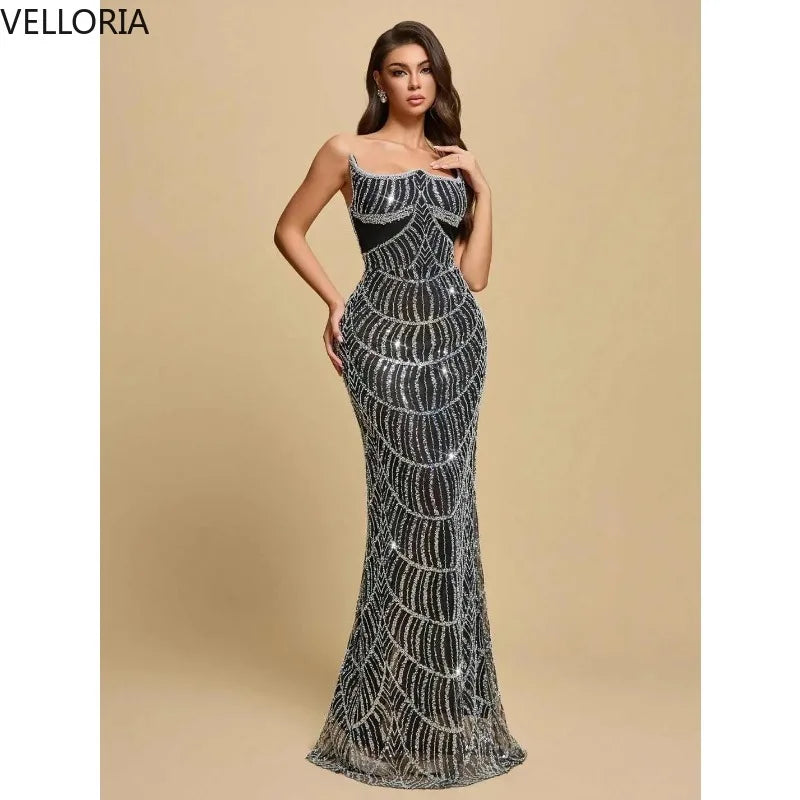 Black Prom Dress Silver Geometric Sequin Mermaid Evening Gown 2025 Structured Corset Vintage Great Gatsby Party Dress Customized