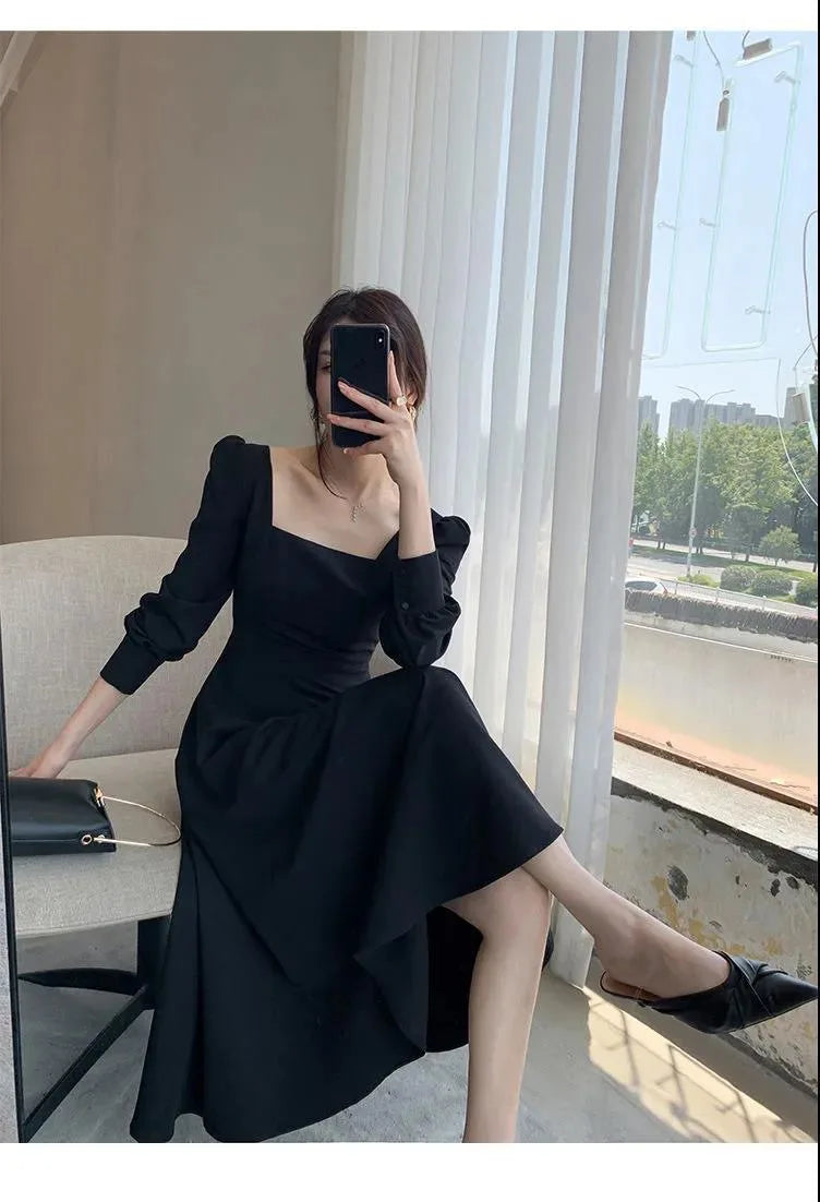 Black Dress Women's 2023 Autumn New Long-sleeved French Retro Hepburn Style Square Neck Dress