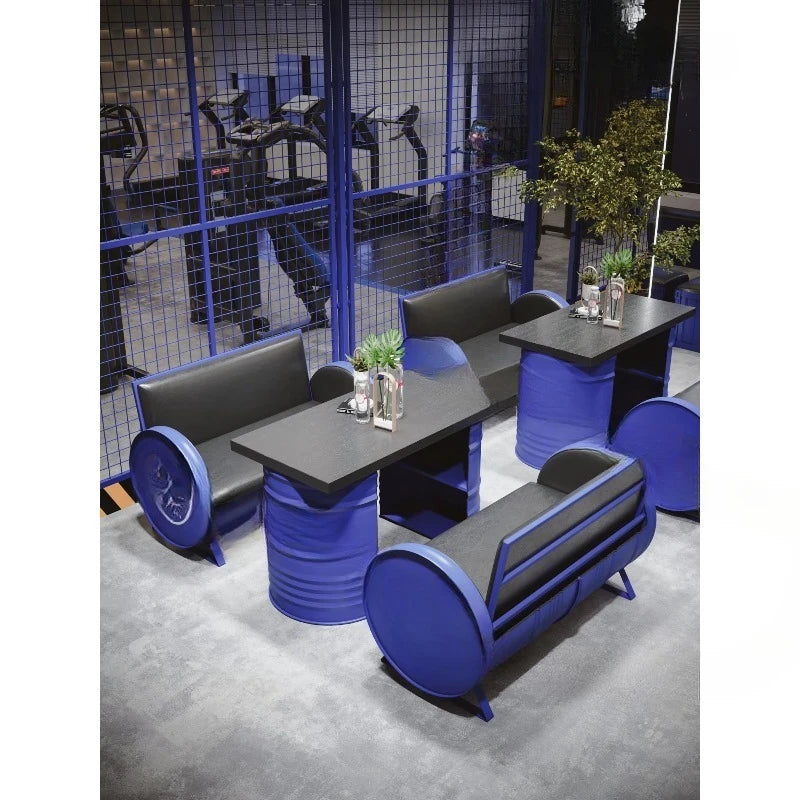 Deck Sofa Quiet Bar Vintage Industrial Style Iron Dining Hot Pot Restaurant Oil Barrel Table and Chair Combination