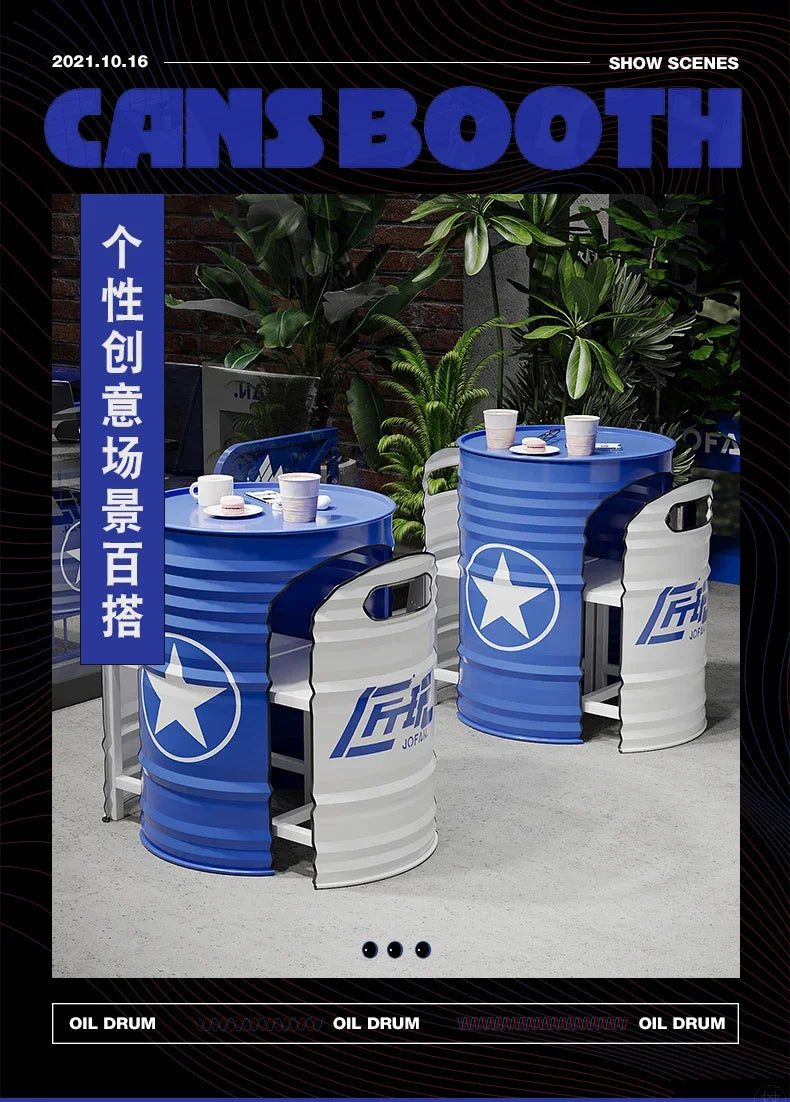 Industrial Style Coffee Shop Courtyard Leisure Area Outdoor Iron Oil Drum Tables and Chairs