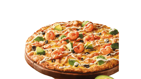 Pizza with shrimp and vegetables on a wooden board. Shrimp pizza from Town Bakery