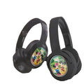 Black headphones with colorful designs on a white background