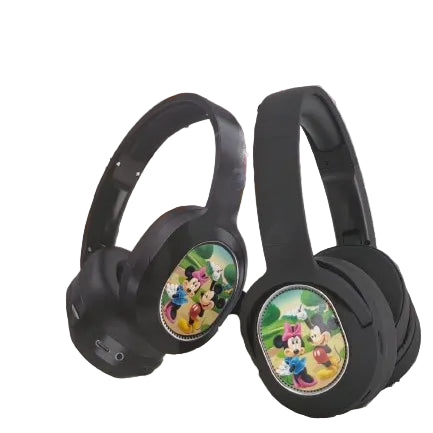 Black headphones with colorful designs on a white background