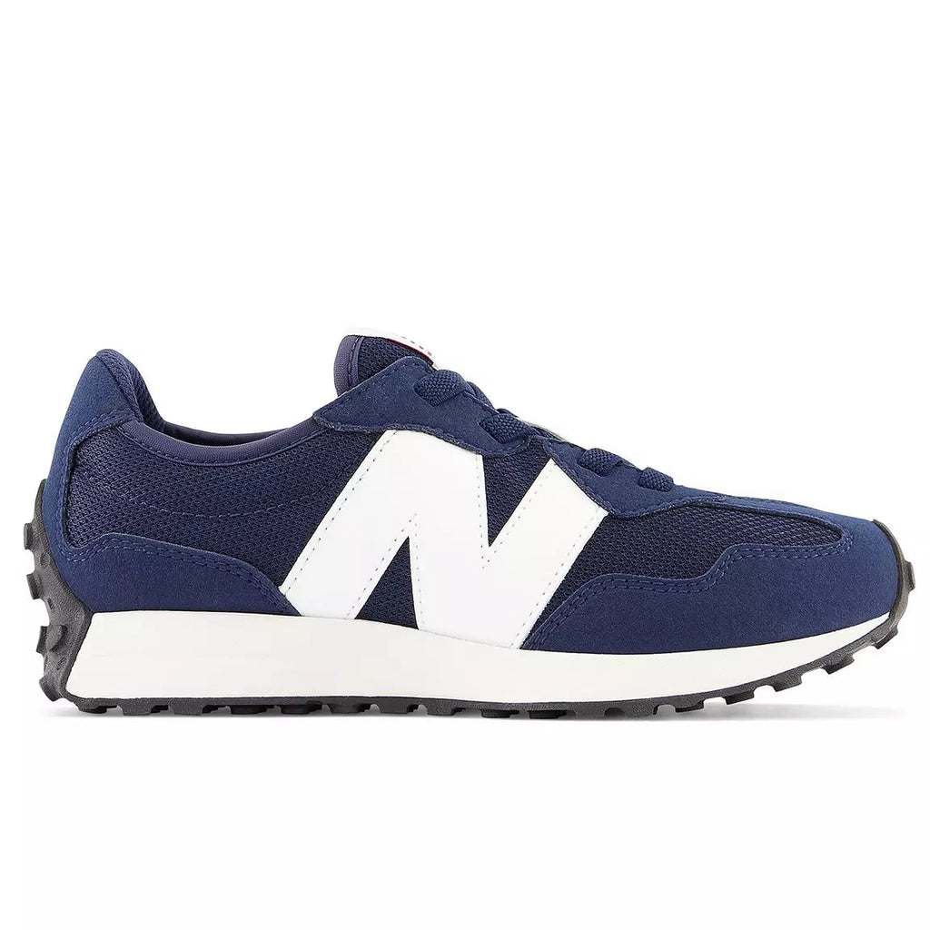 Navy blue sneaker with white accents on a white background