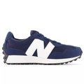 Navy blue sneaker with white accents on a white background
