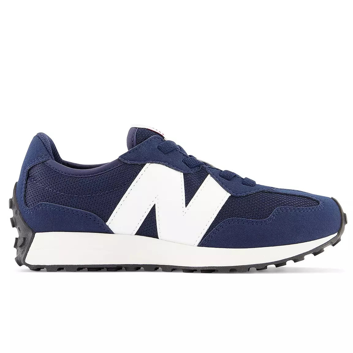 Navy blue sneaker with white accents on a white background