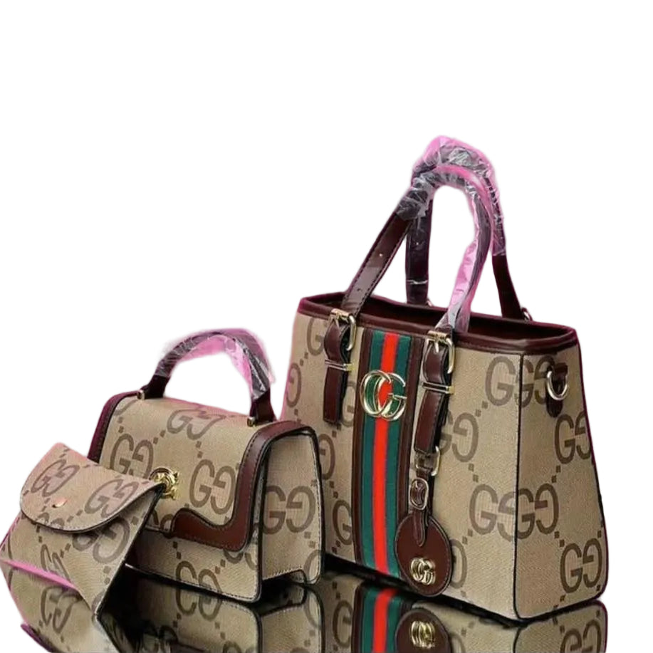 Two Gucci handbags on a pink background