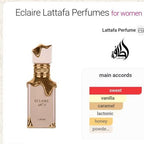 Text conversation on a smartphone screen with product images of Eclaire Lattaifa Perfumes.
