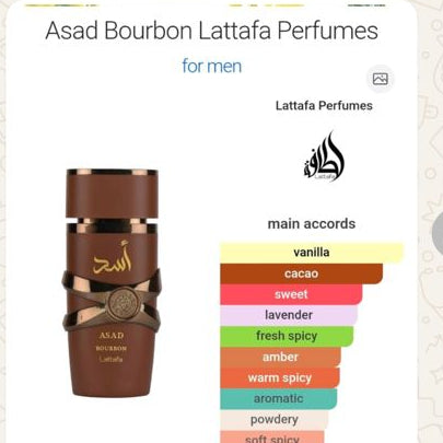 Product listings for Asaad Bourbon Lattaifa Perfumes and Ameer Al Arab Imperium Asaad on a smartphone screen.