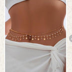 Product listing for women's metal body chain with alloy decoration on a smartphone screen.