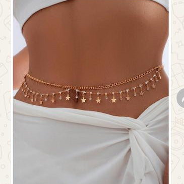 Product listing for women's metal body chain with alloy decoration on a smartphone screen.