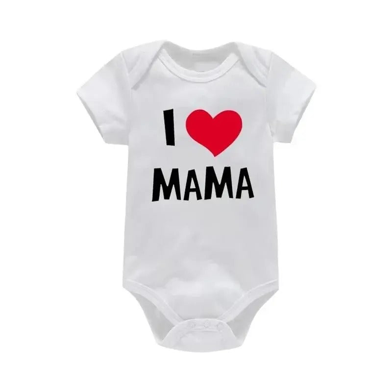 White baby onesie with 'I ❤️ MAMA' text on a white background