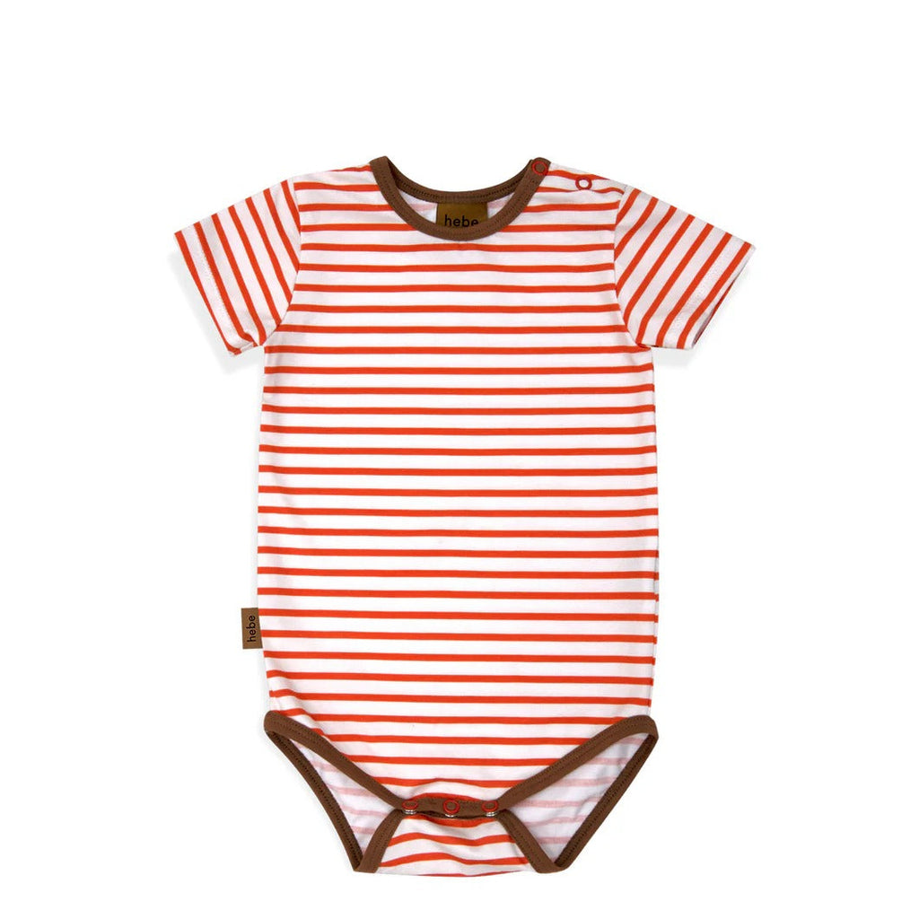 Red and white striped baby onesie with brown accents on a white background