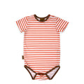 Red and white striped baby onesie with brown accents on a white background