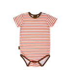Red and white striped baby onesie with brown accents on a white background