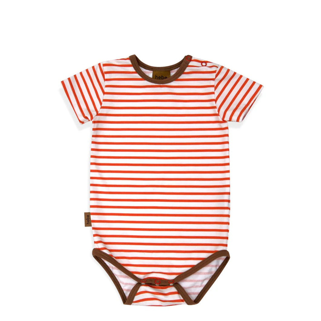 Red and white striped baby onesie with brown accents on a white background
