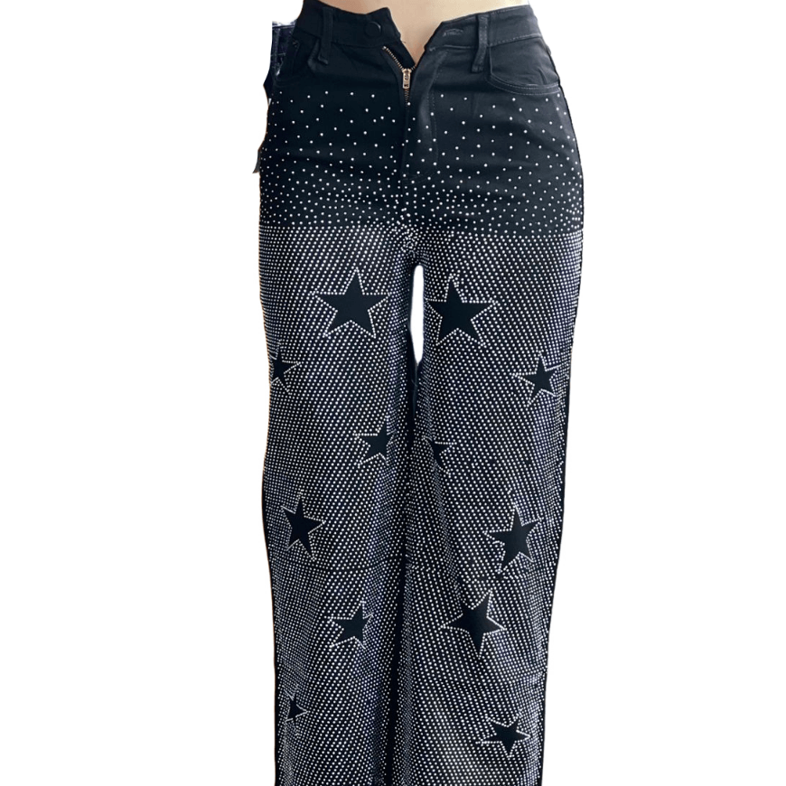Rhinestone Wide-Leg Denim Jeans