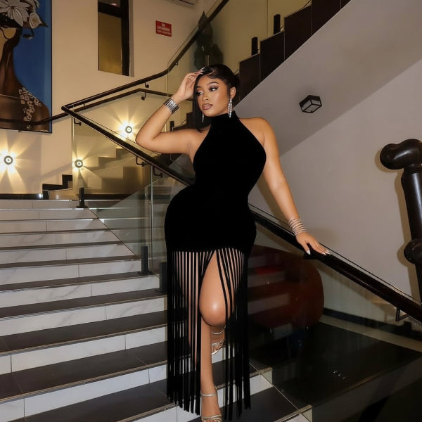 Black Halter Fringe Midi Dress