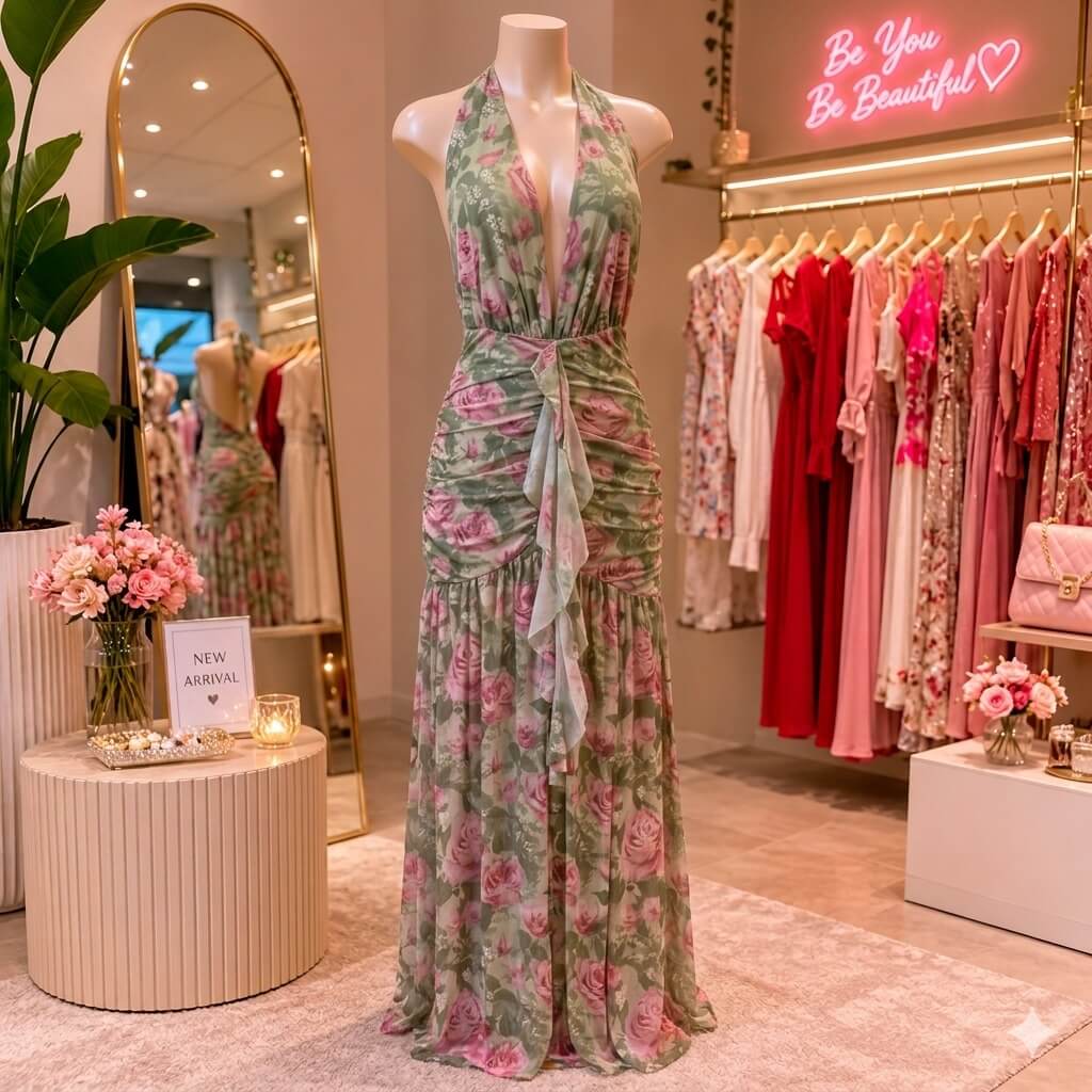 Floral Plunge Halter Gown