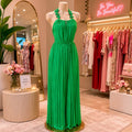 Pleated Halter Dress with Floral Straps