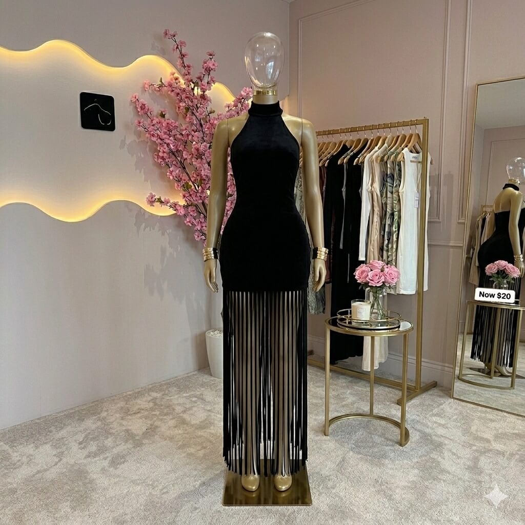 Black Halter Fringe Midi Dress