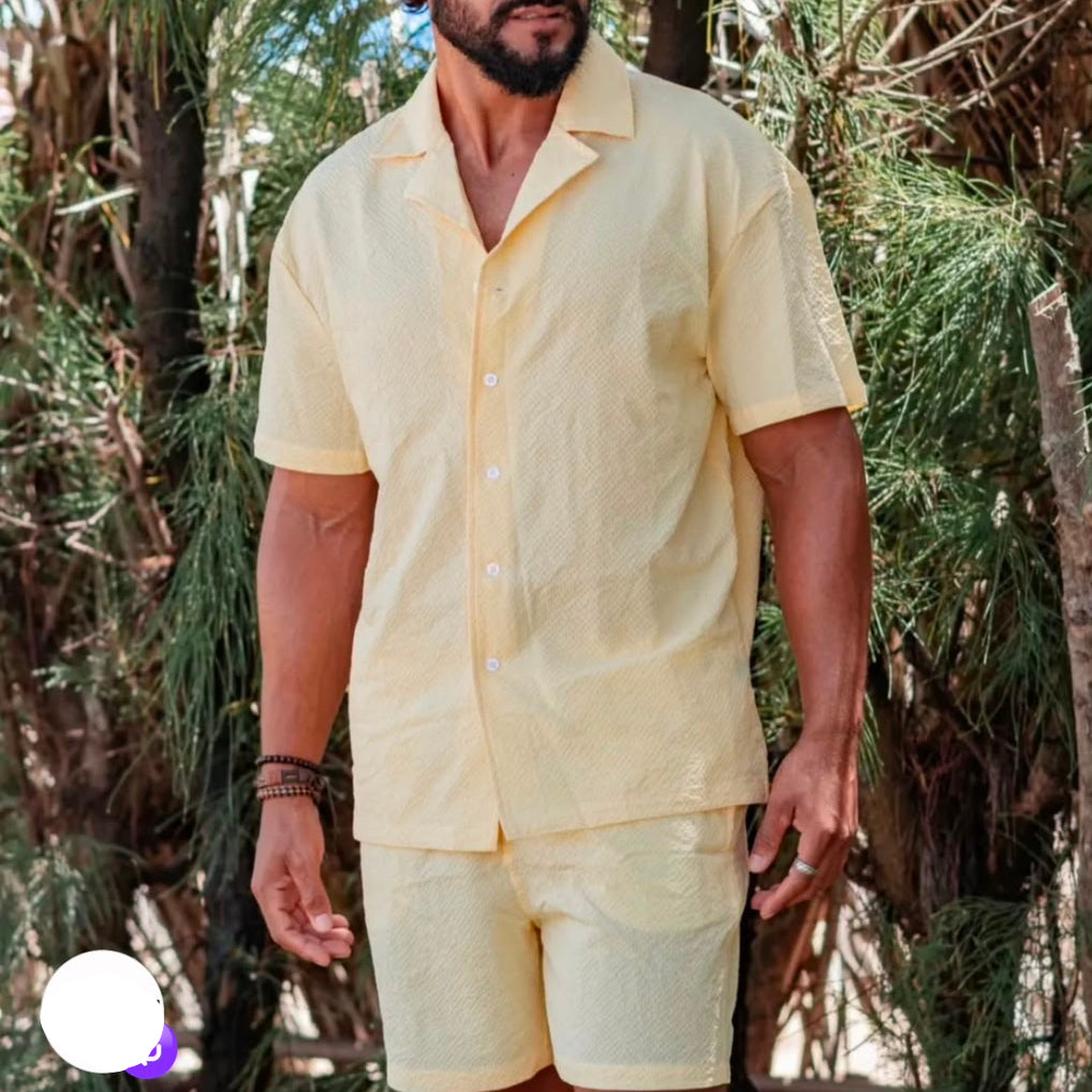 Textured Yellow Shirt & Shorts Co-ord