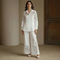 Laser-Cut White Button-Down & Wide-Leg Pants Set