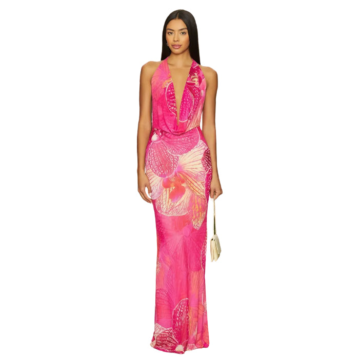 Plunging Halter Floral Maxi Dress