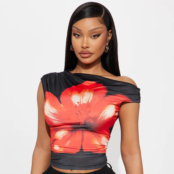 Ruched Cowl Neck Floral Top