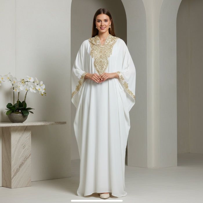 White Kaftan with Gold Embroidery
