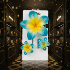 Set of blue and green flower-shaped hair clips on a white surface.