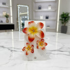 Flower-shaped earrings on a display card with a visible brand number.