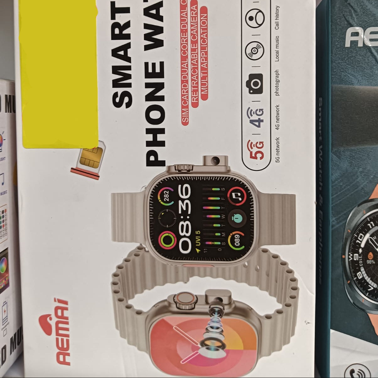 Box of a smart phone watch with a price tag on it