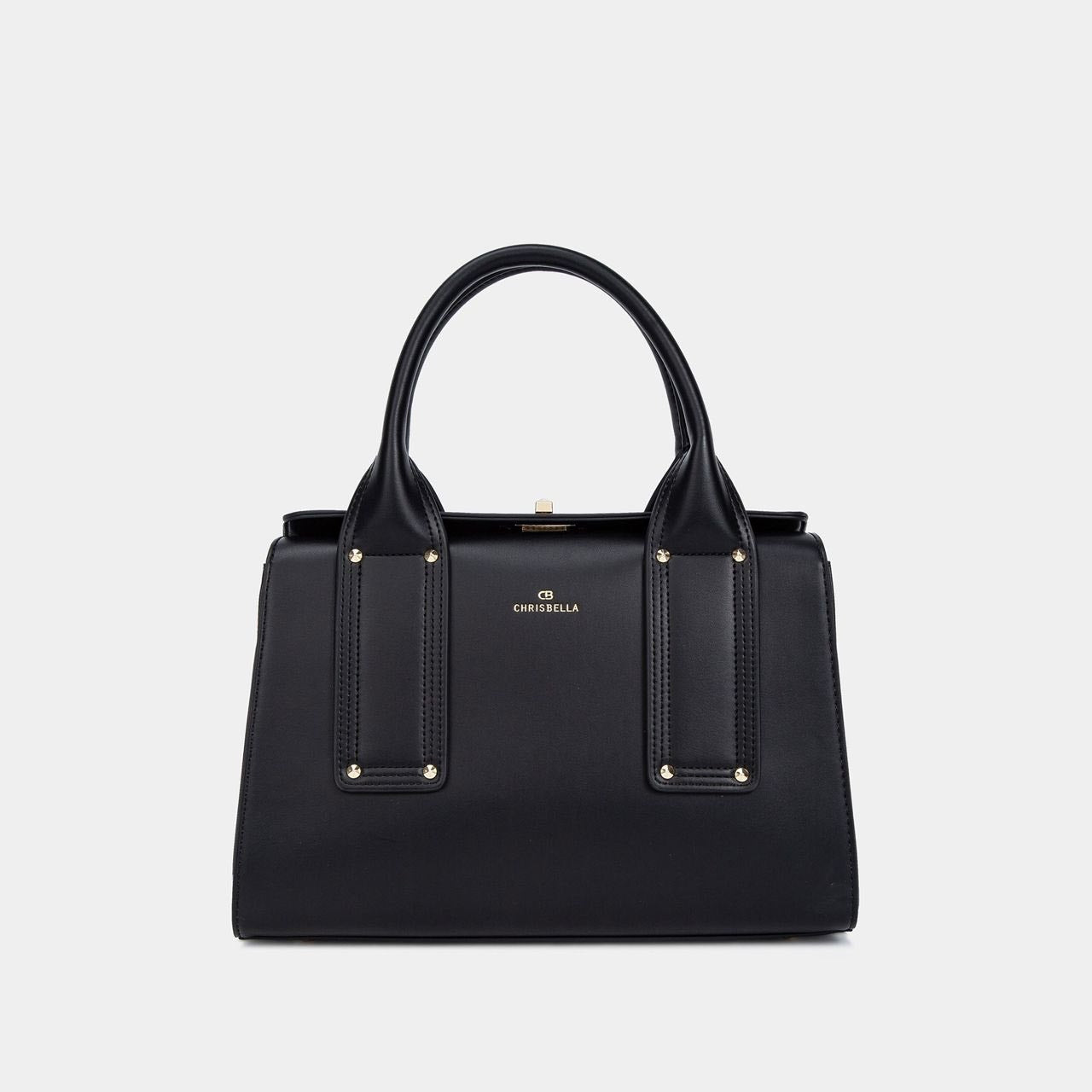 Black handbag with gold accents on a light gray background