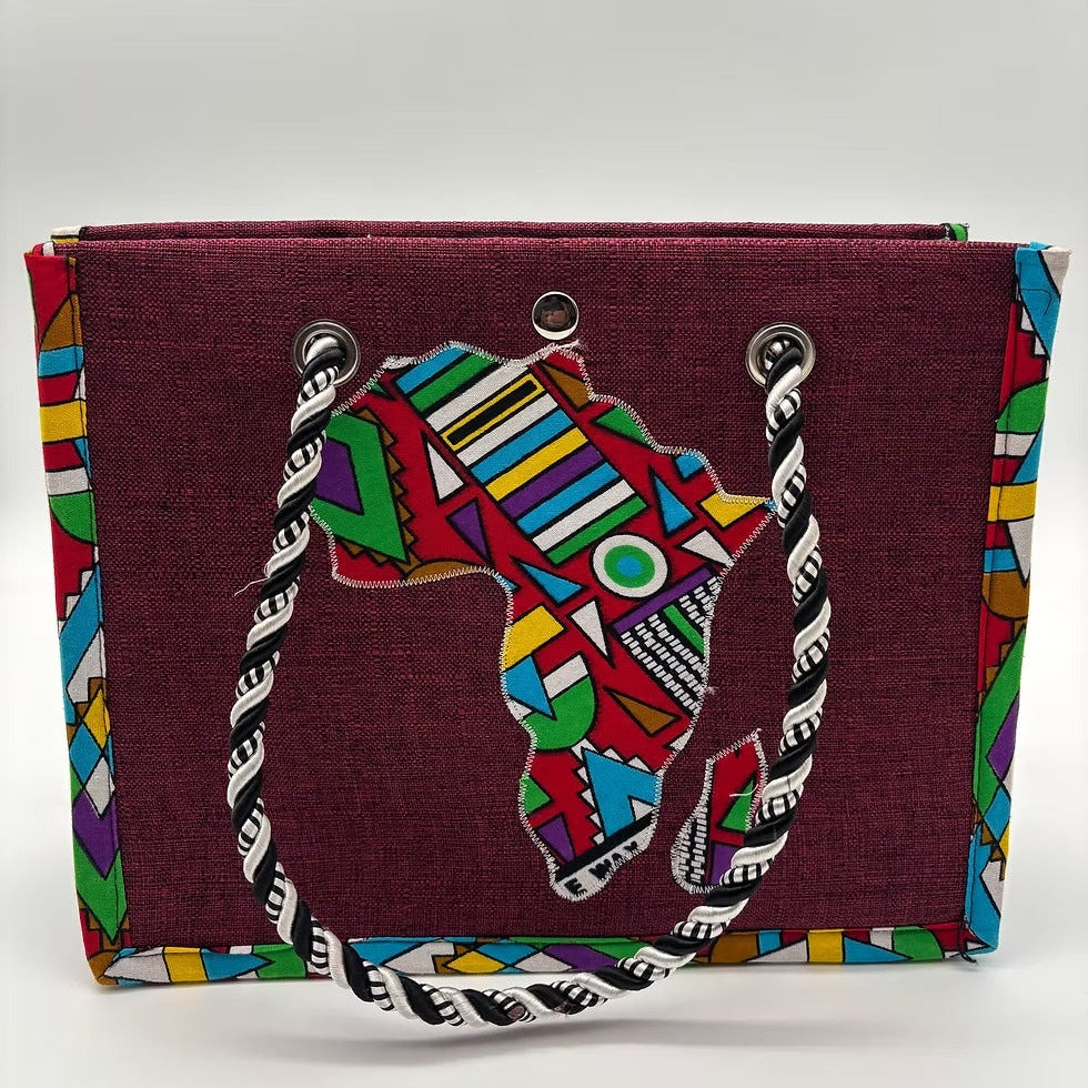 Colorful elephant design on a maroon background with a white border.