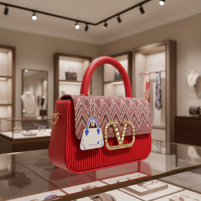 Red handbag with patterned top section and decorative elements on a white background